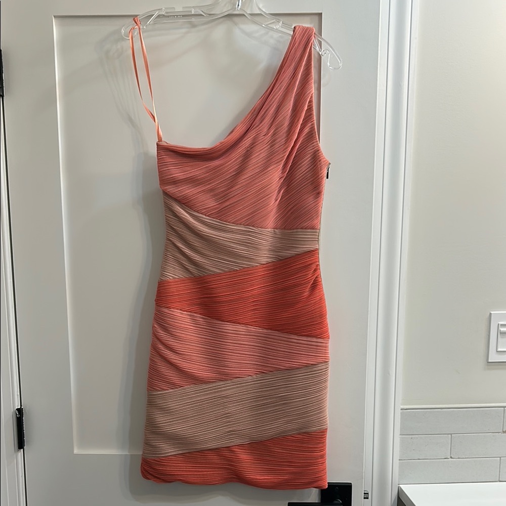 BCBGMaxAzria Pink and Cream Asymmetrical Bodycon Dress